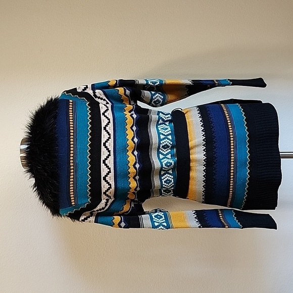 Powder River Outfitters Panhandle Slim Faux Fur Trim Cardigan Belted Aztec Print - Picture 8 of 8
